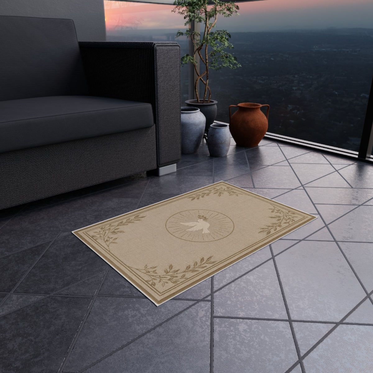 Dove & Olive Branch Outdoor Rug — Neutral Coastal Patio Mat