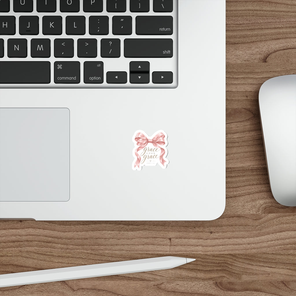 Grace Upon Grace Die-Cut Sticker — Pink Ribbon Faith Scripture (John 1:16)