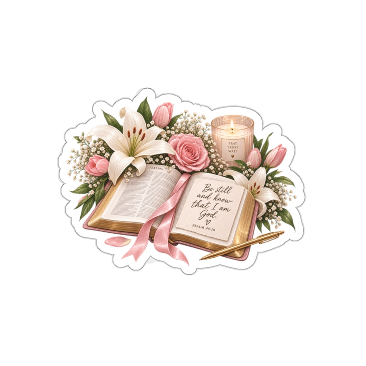 Bible Verse Floral Sticker — "Be still and know that I am God" Die-Cut Sticker