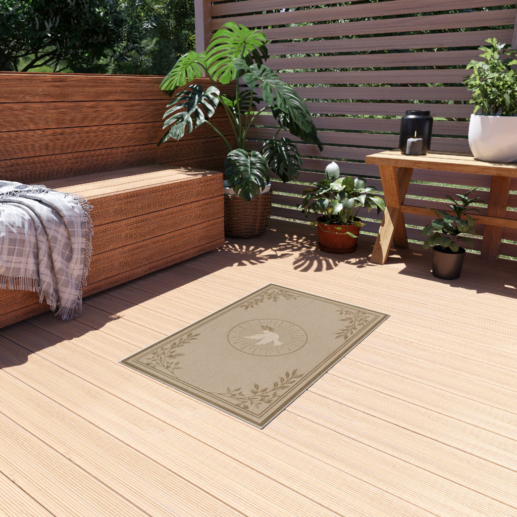 Dove & Olive Branch Outdoor Rug — Neutral Coastal Patio Mat